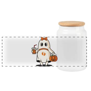 Halloween Fantôme enceinte avec sac citrouille - Boîte à biscuits avec couvercle en bois - blanc - Devant
