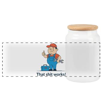 Werkzeugheld Cartoon Motiv. Endlich funktionierts! - Panorama Keksdose mit Holzdeckel - Weiß - Vorne