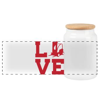 Liebe zum Lager  und Spedition– Gabelstapler - Panorama Keksdose mit Holzdeckel - Weiß - Vorne
