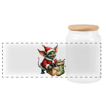Lutin de Noël vert avec sac - Boîte à biscuits avec couvercle en bois - blanc - Devant