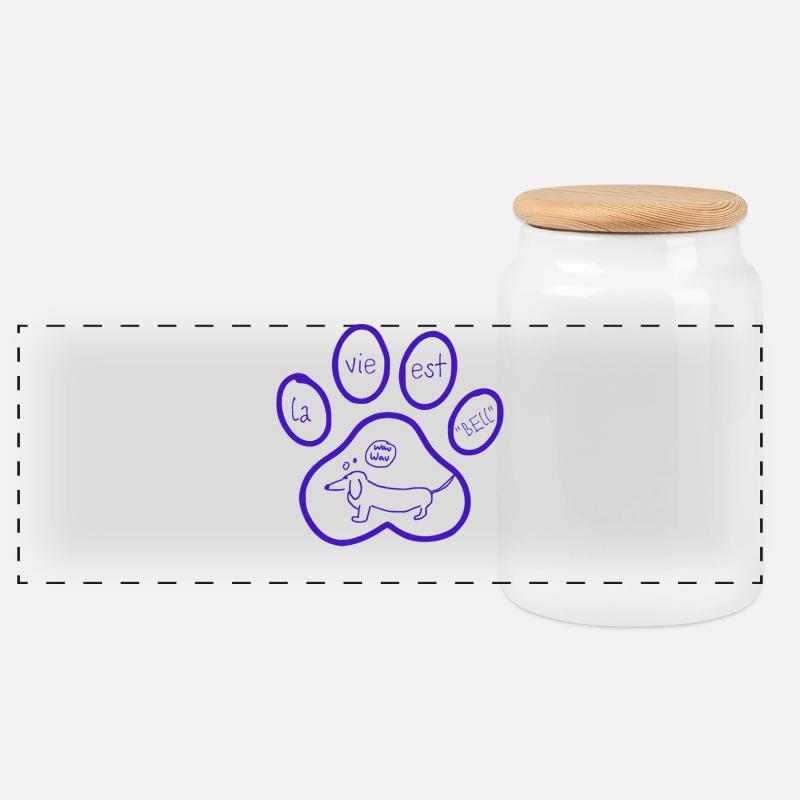 Dachshund in paw print with pun "barking" - Panoramic Cookie Jar with Wooden Lid - white