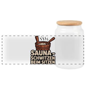 Sauna Spruch – Schwitzen beim Sitzen Humor - Panorama Keksdose mit Holzdeckel - Weiß - Vorne
