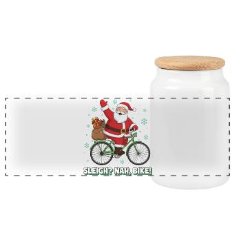 Der Weihnachtsmann auf dem Fahrrad - Panorama Keksdose mit Holzdeckel - Weiß - Vorne