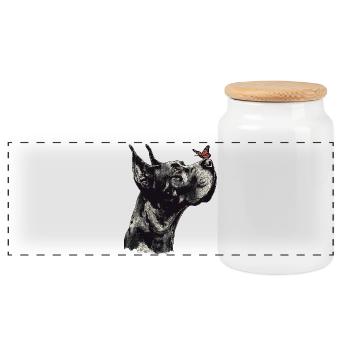 Great Dane with Red Butterfly - Panoramic Cookie Jar with Wooden Lid - white - Front