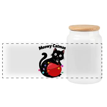Meowy Catmas - Cat with Christmas Ball - Panoramic Cookie Jar with Wooden Lid - white - Front