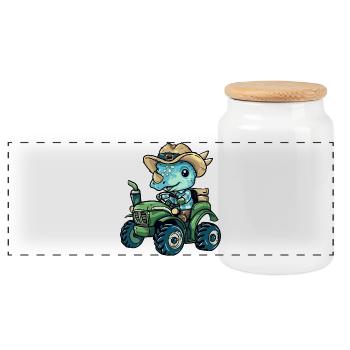 Dinosaure tricératops tracteur agriculteur - Boîte à biscuits avec couvercle en bois - blanc - Devant