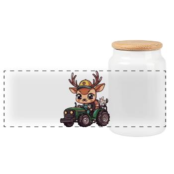 Deer Tractor Farmer - Panoramic Cookie Jar with Wooden Lid - white - Front