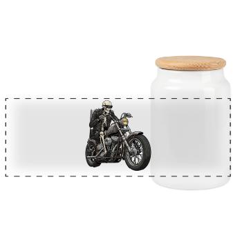 Skeleton Biker on Chopper Motorcycle Retro - Panoramic Cookie Jar with Wooden Lid - white - Front