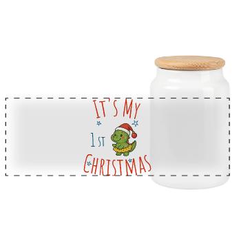 My 1st Christmas Dino - Panoramic Cookie Jar with Wooden Lid - white - Front