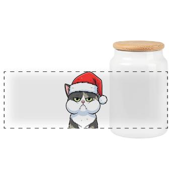 Dessin animé de Noël du chat agacé au chapeau - Boîte à biscuits avec couvercle en bois - blanc - Devant