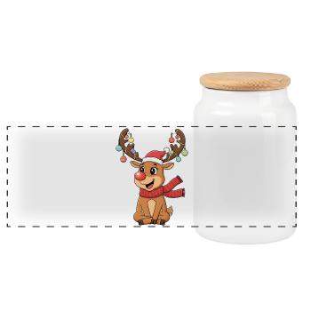 Reindeer with baubles and Christmas hat - Panoramic Cookie Jar with Wooden Lid - white - Front