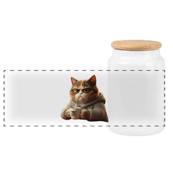Lustige müde Katze mit Kaffeetasse Morgenkaffee - Panorama Keksdose mit Holzdeckel - Weiß - Vorne