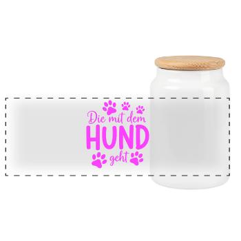 Going for a walk with the dog saying - Panoramic Cookie Jar with Wooden Lid - white - Front