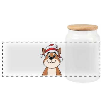 Funny dog with santa hat cute cartoon - Panoramic Cookie Jar with Wooden Lid - white - Front
