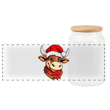 Christmas Bulls - Panoramic Cookie Jar with Wooden Lid - white - Front