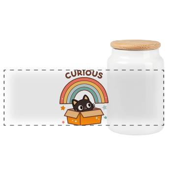 Curious Cat in Rainbow Cardboard - Panoramic Cookie Jar with Wooden Lid - white - Front