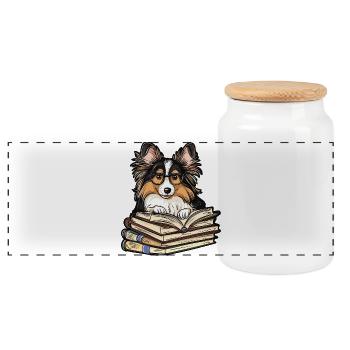 Mignon livre de lecture de chien Sheltie avec des lunettes - Boîte à biscuits avec couvercle en bois - blanc - Devant