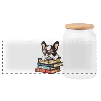 Mignon livre de lecture pour chien Boston Terrier avec des lunettes - Boîte à biscuits avec couvercle en bois - blanc - Devant