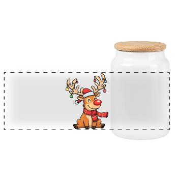 Lustiges Weihnachtsrentier mit Schal und Deko - Panorama Keksdose mit Holzdeckel - Weiß - Vorne