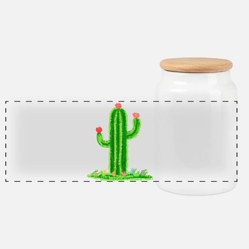 Cactus avec fleurs - Boîte à biscuits avec couvercle en bois - blanc