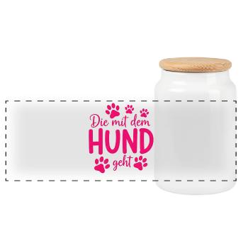 The one who walks with the dog saying paws - Panoramic Cookie Jar with Wooden Lid - white - Front