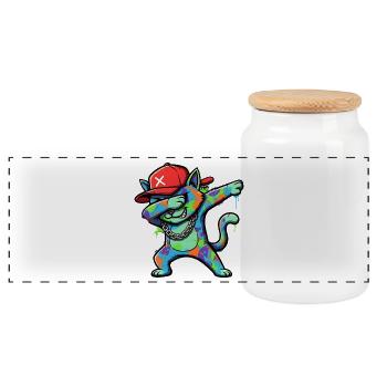 Design artistique de rue coloré avec un chat en dabbing - Boîte à biscuits avec couvercle en bois - blanc - Devant