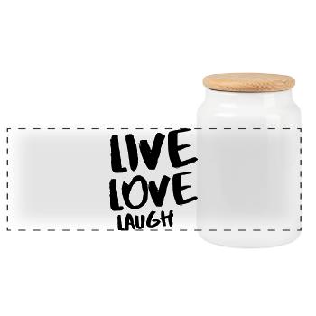 Live Love Laugh – Handgezeichneter Pinsel Schwarz - Panorama Keksdose mit Holzdeckel - Weiß - Vorne