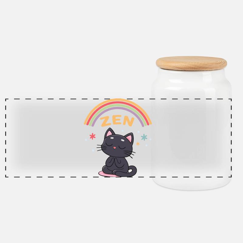 Chat Zen Arc Ciel Méditation - Boîte à biscuits avec couvercle en bois - blanc