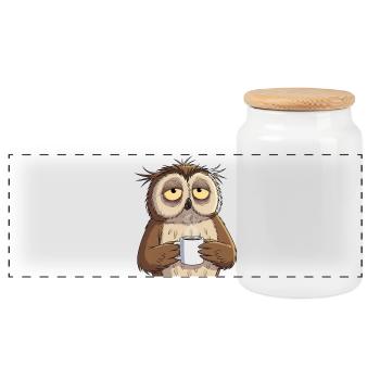 Tired Owl with Coffee – Funny Animal Design Humor - Panoramic Cookie Jar with Wooden Lid - white - Front