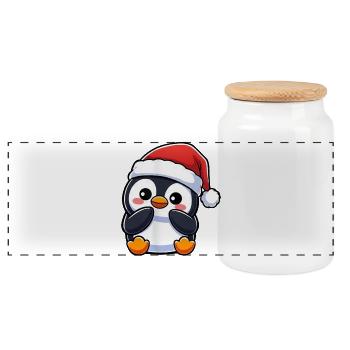Cute Christmas Penguin Cartoon Kawaii Chibi - Panoramic Cookie Jar with Wooden Lid - white - Front
