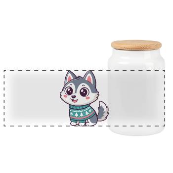 Husky hiver en pull festif - Boîte à biscuits avec couvercle en bois - blanc - Devant