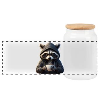 Grimmiger Kaffee-Waschbär im Hoodie Artwork - Panorama Keksdose mit Holzdeckel - Weiß - Vorne