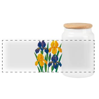 Harmonie d’iris : Fleurs dorées et indigo - Boîte à biscuits avec couvercle en bois - blanc - Devant