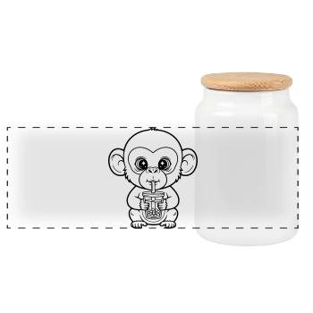 Singe mignon avec design de dessin de ligne en thé bulle - Boîte à biscuits avec couvercle en bois - blanc - Devant