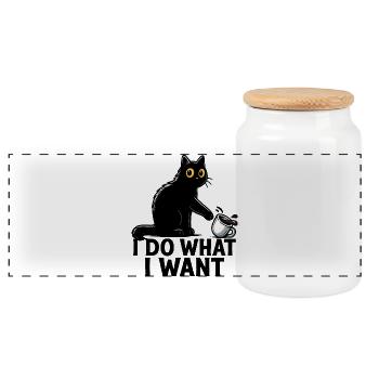 Ich mache, was ich will – lustige schwarze Katzen-Kaffeekunst - Panorama Keksdose mit Holzdeckel - Weiß - Vorne