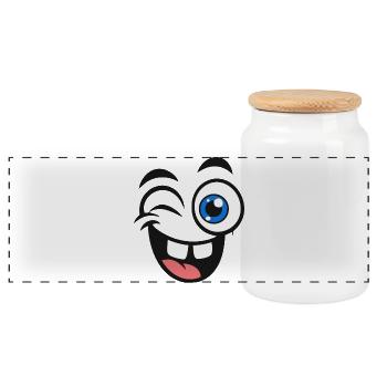 Funny Cartoon Face – Big Eyes & Tongue Out - Panoramic Cookie Jar with Wooden Lid - white - Front