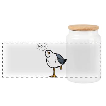 Moin Möwe – North German greeting with humor - Panoramic Cookie Jar with Wooden Lid - white - Front