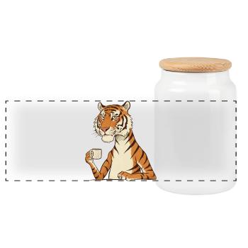 Müder Tiger mit Kaffee – Lustiges Motiv - Panorama Keksdose mit Holzdeckel - Weiß - Vorne