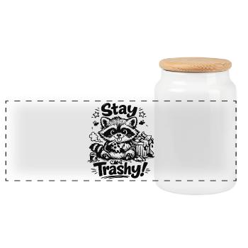 Stay Trashy Raccoon Doodle Motif - Panoramic Cookie Jar with Wooden Lid - white - Front