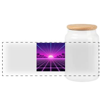 Sunset Neon Retrogrid back to 90s - Panoramic Cookie Jar with Wooden Lid - white - Front