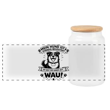 Mon chien est constamment ravi – WAU ! | Mensonge de chien - Boîte à biscuits avec couvercle en bois - blanc - Devant
