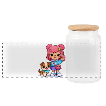 Cute Toka girl - Aesthetic Gamer Girl and Pup - Panoramic Cookie Jar with Wooden Lid - white - Front