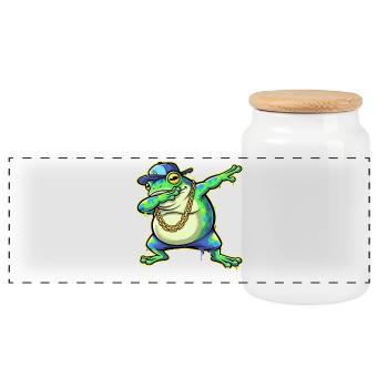 Green Street Frog with Gold Chain Dabbing - Panoramic Cookie Jar with Wooden Lid - white - Front