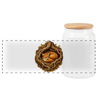 Sleeping fox in the root structure – forest motif - Panoramic Cookie Jar with Wooden Lid - white - Front