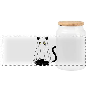 Ghost Cat Veil Ghost - Panoramic Cookie Jar with Wooden Lid - white - Front