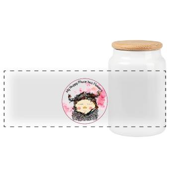 Mon endroit heureux, ce sont les fleurs – Gnome avec jardin floral - Boîte à biscuits avec couvercle en bois - blanc - Devant