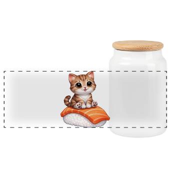 Chat mignon, sushi, nourriture japonaise, poisson - Boîte à biscuits avec couvercle en bois - blanc - Devant