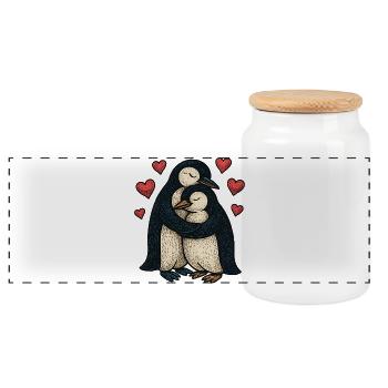 Kuschelpinguin Umarmung mit Herzen - Panorama Keksdose mit Holzdeckel - Weiß - Vorne