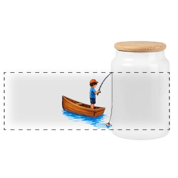 Boy fishing in boat illustration - Panoramic Cookie Jar with Wooden Lid - white - Front