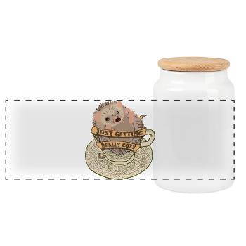Kuscheliger Igel in Teetasse - Panorama Keksdose mit Holzdeckel - Weiß - Vorne